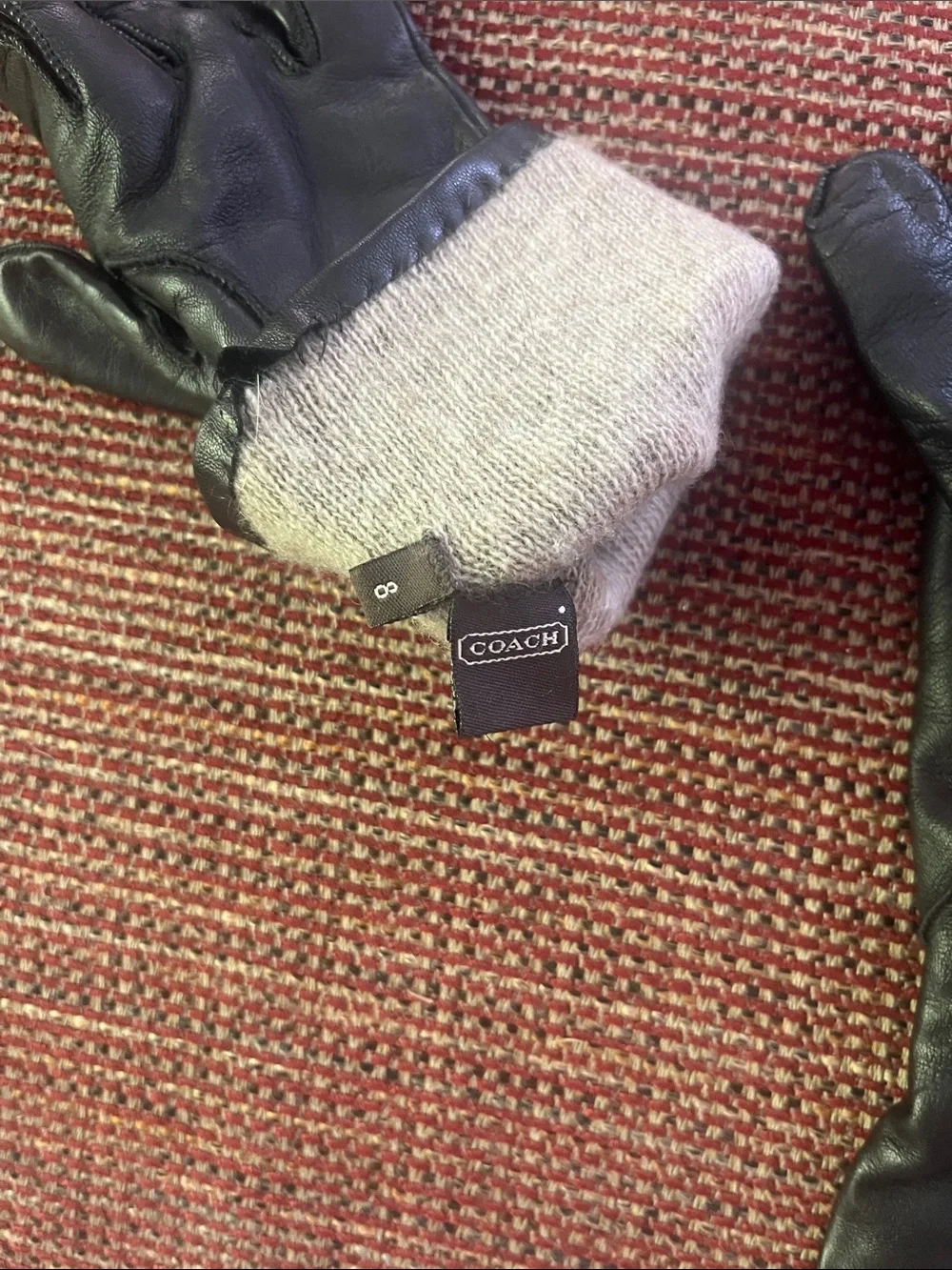 Coach Black Leather Gloves with Light Gray Cashmere Lining